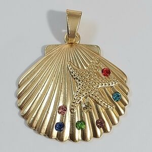 Large gold sea shell clam necklace pendant and rhinestones